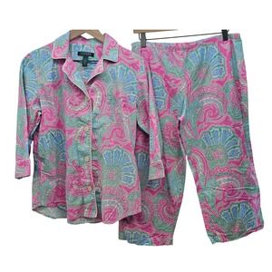 Lauren Ralph Lauren Pink Paisley 100% Cotton Pajama Set 3/4 Sleeve Crop Pant M
